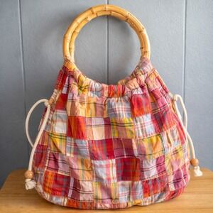 Vtg J Crew Madras Plaid Patchwork Bamboo Handle Tote Bag Nantucket Prep Cape Cod